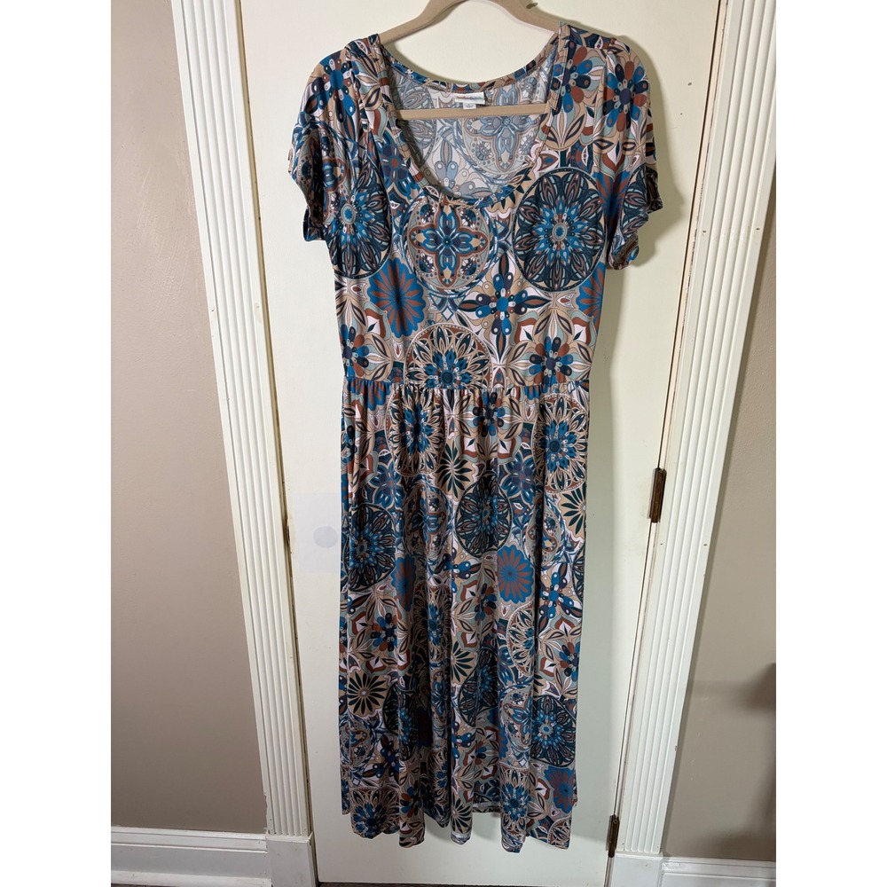 LuLaRoe Ana Maxi Dress Large Blue Brown Mandala Floral Short Sleeve Boho Knit